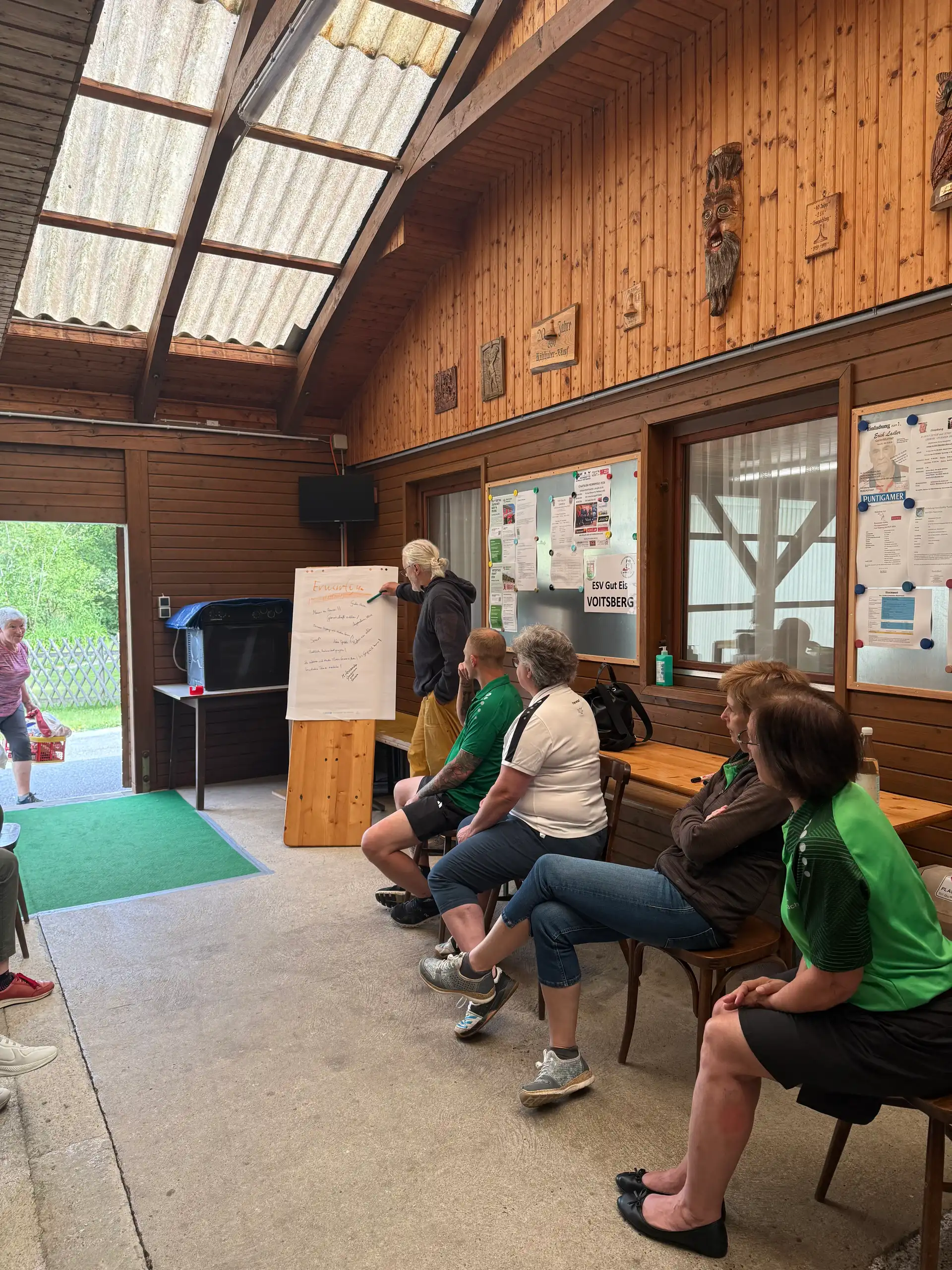 Theorie trifft Praxis: Flipchart-Session mit Trainer Albert Iglseder in der Vereinshütte. Innenansicht einer Holzhütte: Trainer schreibt an ein Flipchart, Teilnehmer*innen sitzen aufmerksam auf Stühlen und Bänken.
